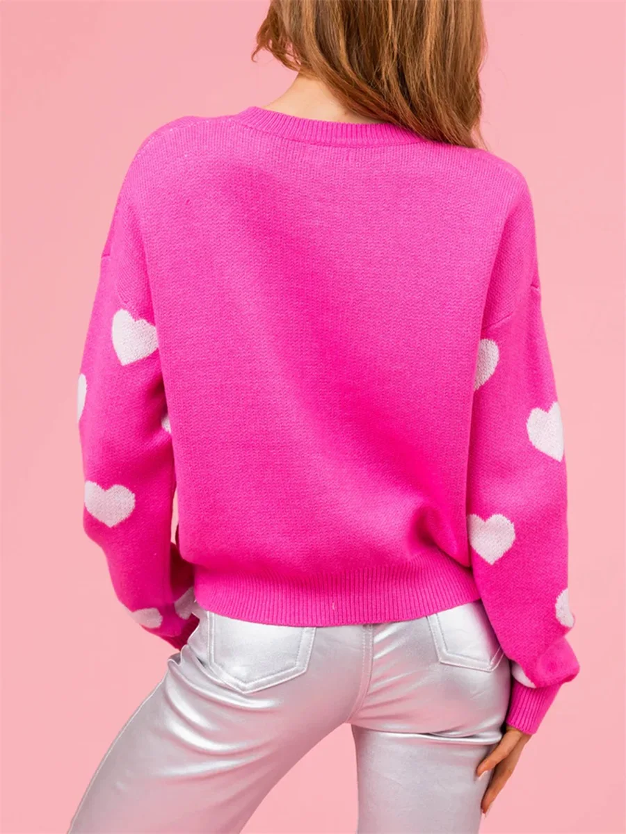 Suéter acogedor con estampado de corazones para mujer con cuello redondo y mangas largas de ajuste relajado: elegante jersey de punto para estilo callejero informal