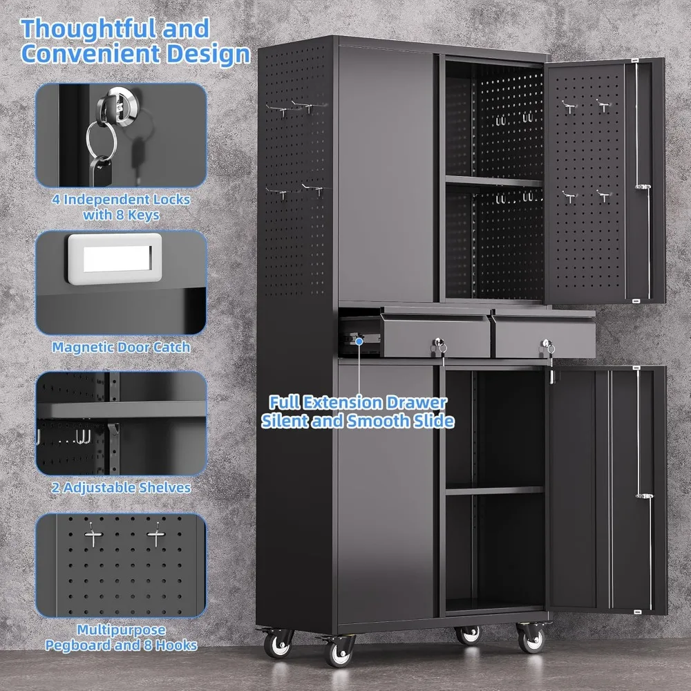 Estantes ajustables Gabinete de almacenamiento de garaje de metal con puertas cerraduras y gabinete de almacenamiento de herramientas rodante en 4 ruedas con 2 cajones