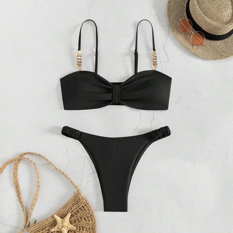 

Solid color strapless hollow-out beach bikini Triangular two-piece beach swimsuitins