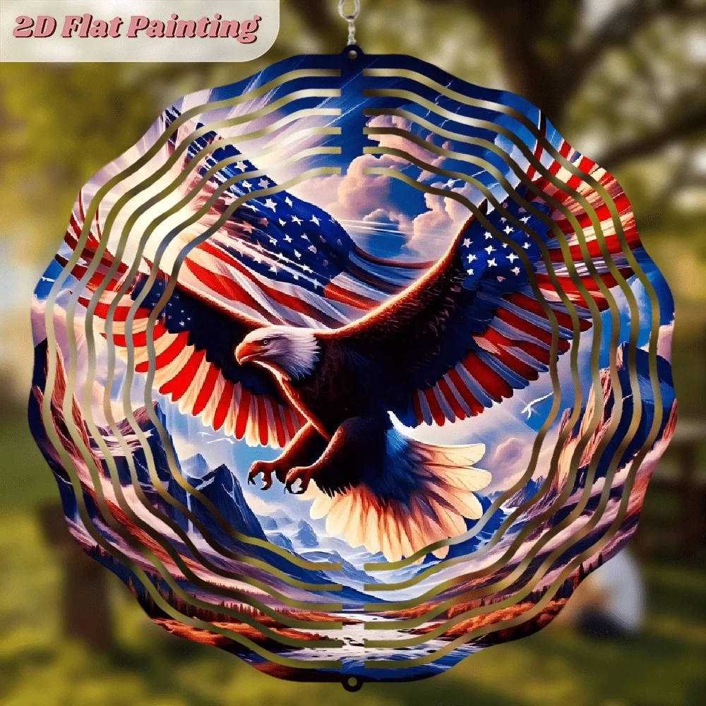 2D Planar Metal Rotating Wind Chime, Featuring an American Flag Element Design, Characterized by an Eagle Pattern, Commemorating