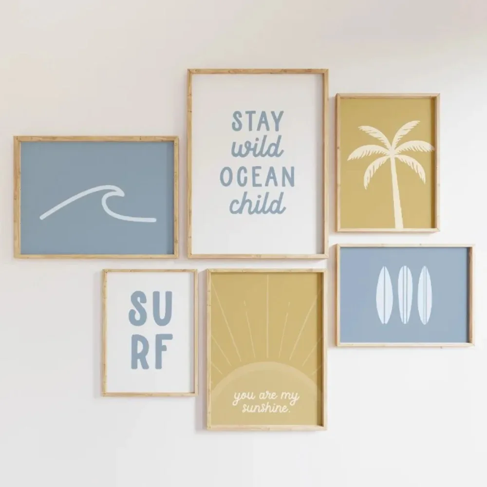 (No frame)(No frame)Boho Beach Surfer Sunset Minimalism Surfboard Sea Wave Poster Canvas Printing Wall Art Living Room Decor