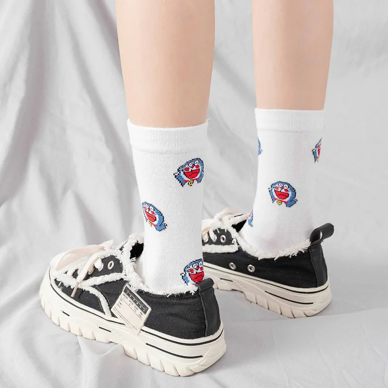 Kawaii Doraemon Pattern Woman Socks Spring Summer Thin Breathable Soft Polyester Cotton Socks Casual Medium To High Length Socks