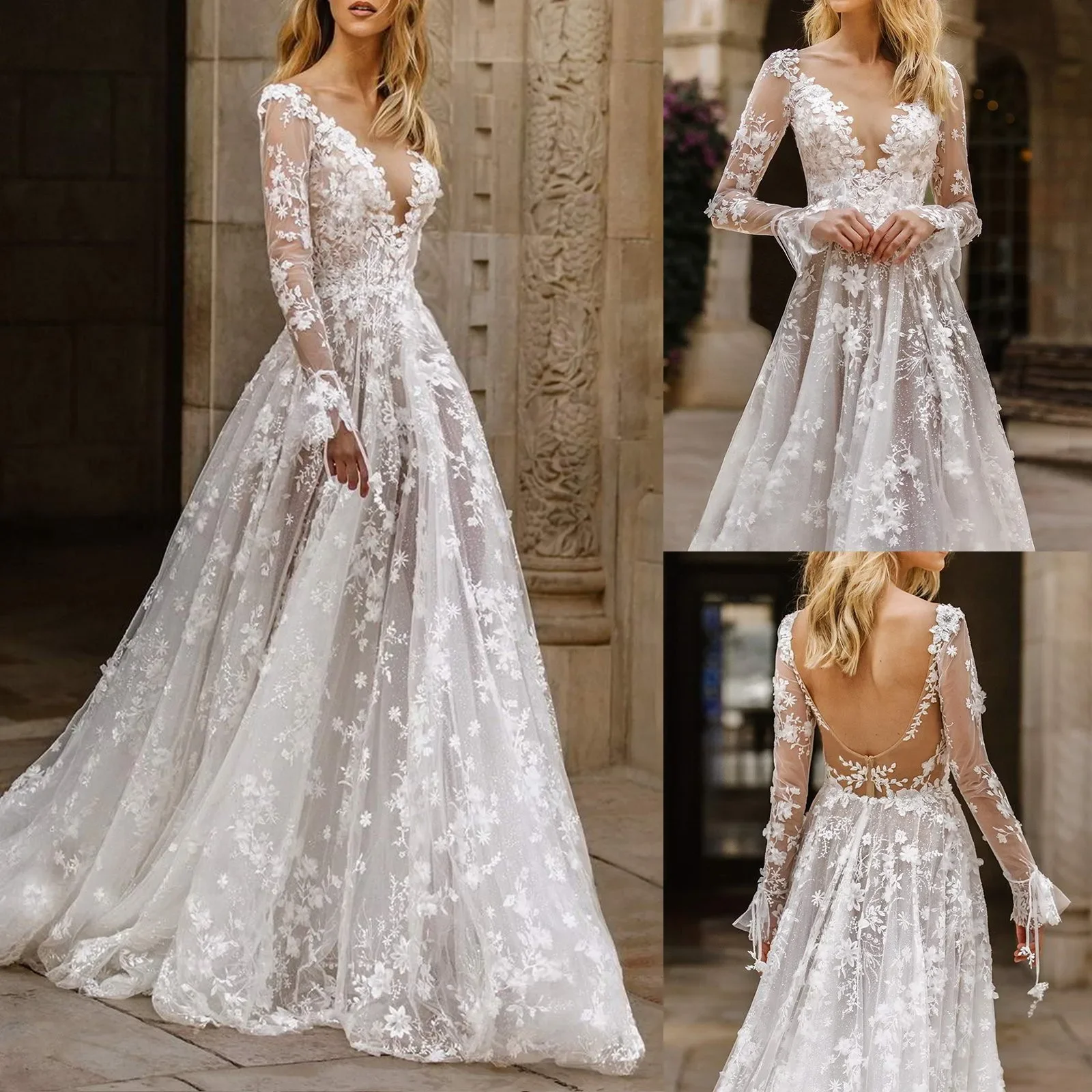 Ladies Spring Summer Sexy Deep V Lace Long Sleeve Dress White High Waist Backless Party Ball Dress Elegant and Beautiful Dress