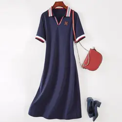 Women's Preppy Style Polo-Neck Short Sleeve Dresses Summer Temperament Contrast Color Spliced Casual Dresses Female Clothing