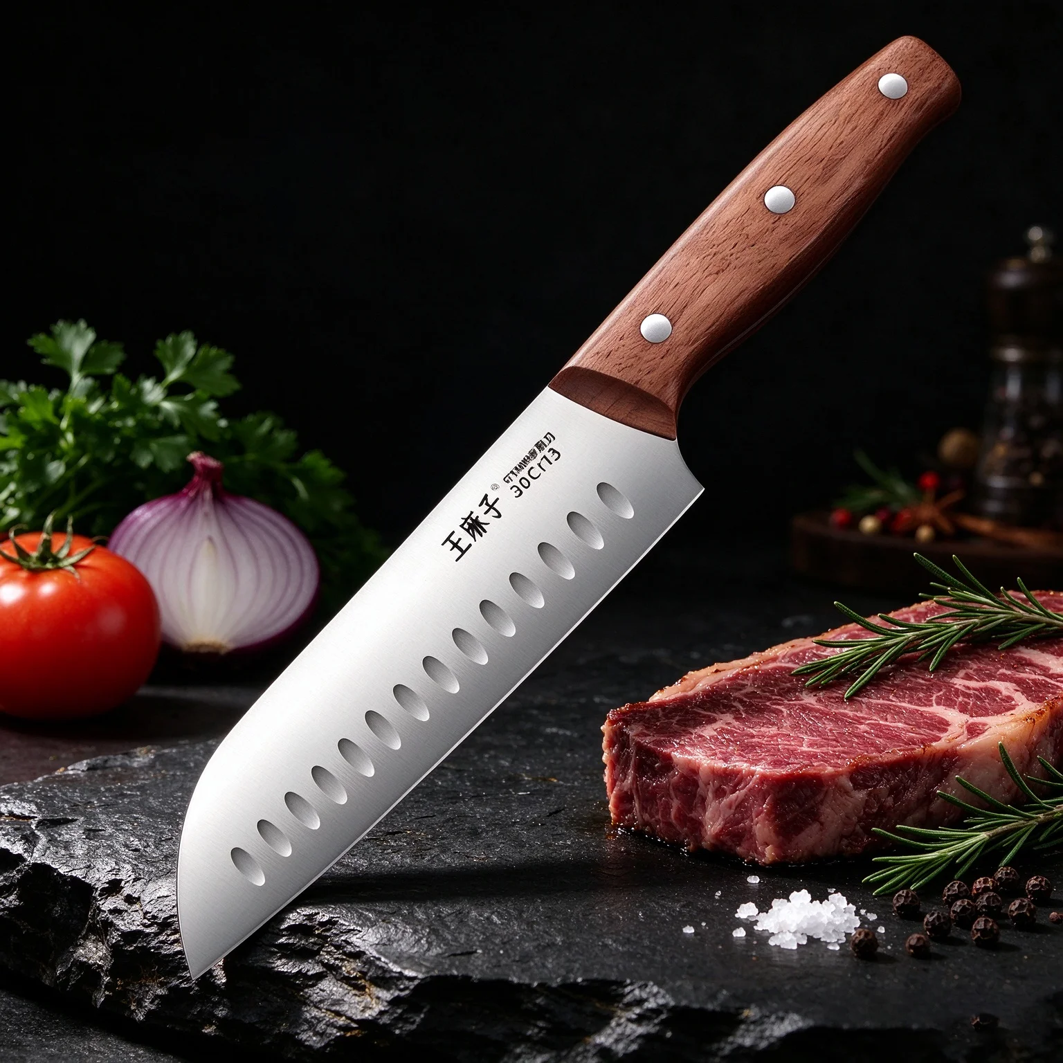 7 Inch Chef Santoku Knife-High-Strength Stainless Steel Multipurpose Kitchen Knife with Wood Handle for Slicing&Chopping Cooking