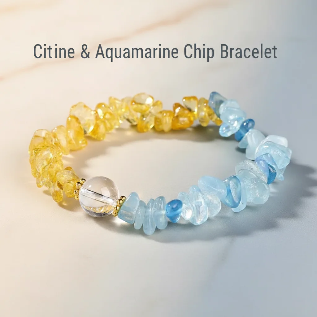 

JD Natural Crystal Chip Citrine & Aquamarine Bracelet Premium Handmade Gemstone Stretch Jewelry for Women Healing Energy Gift