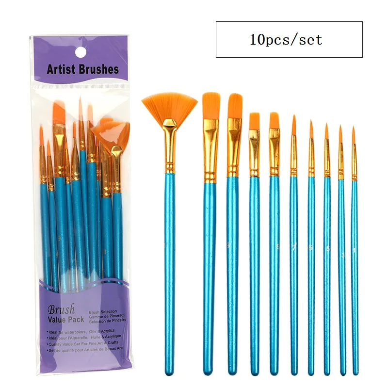 Pinceles de nailon para pintura de artista, pincel con ventilador para aceite acrílico, acuarela, Gouache, cara, cuerpo, suministros de Arte de roca de uñas, 10 Uds.