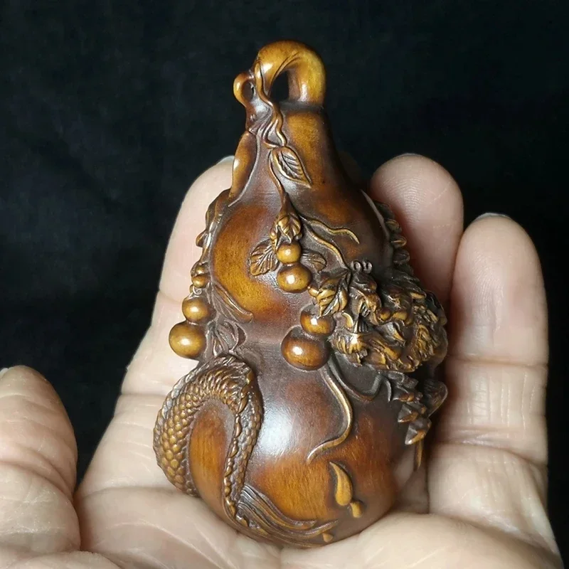 Old Chinese Boxwood Hand Carved Dragon Loong Lagenaria Gourd Family Fengshui Pendan Decoration Gift