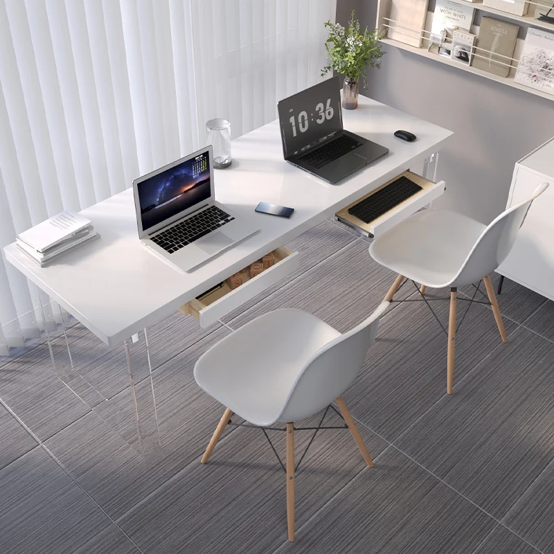 !@Solid Wood Double Suspension Computer Desk Modern White Cream Style with Acrylic for Office & Writing for Balcony Use