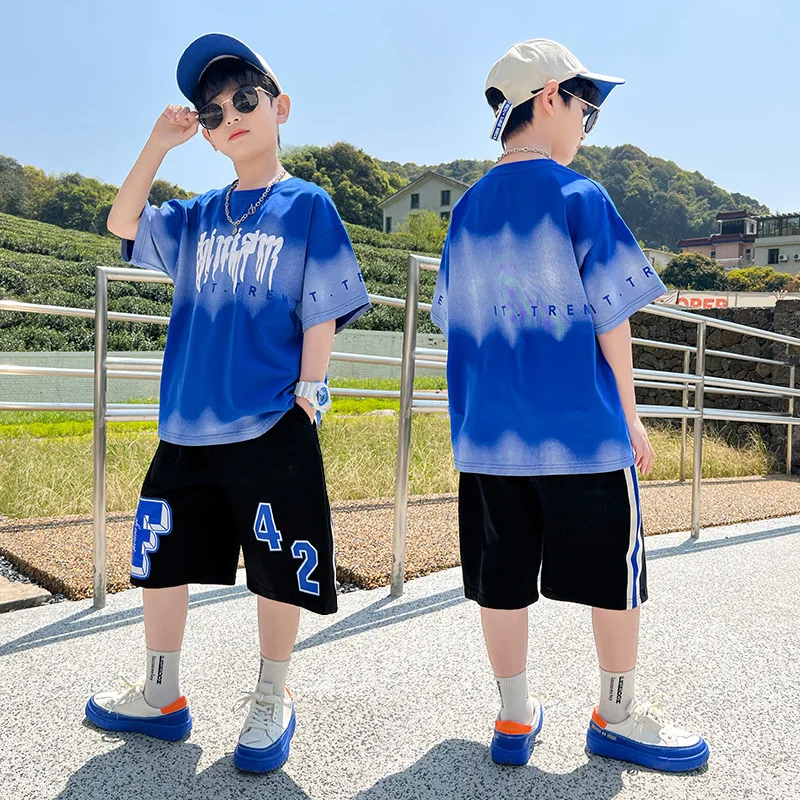 

Summer Boys Cotton Alphabet Tie Dye t-Shirt Tops+Sweat Shorts Pant School Kids Tracksuit Child 2PCS Outfit Workout Set 5-16Years