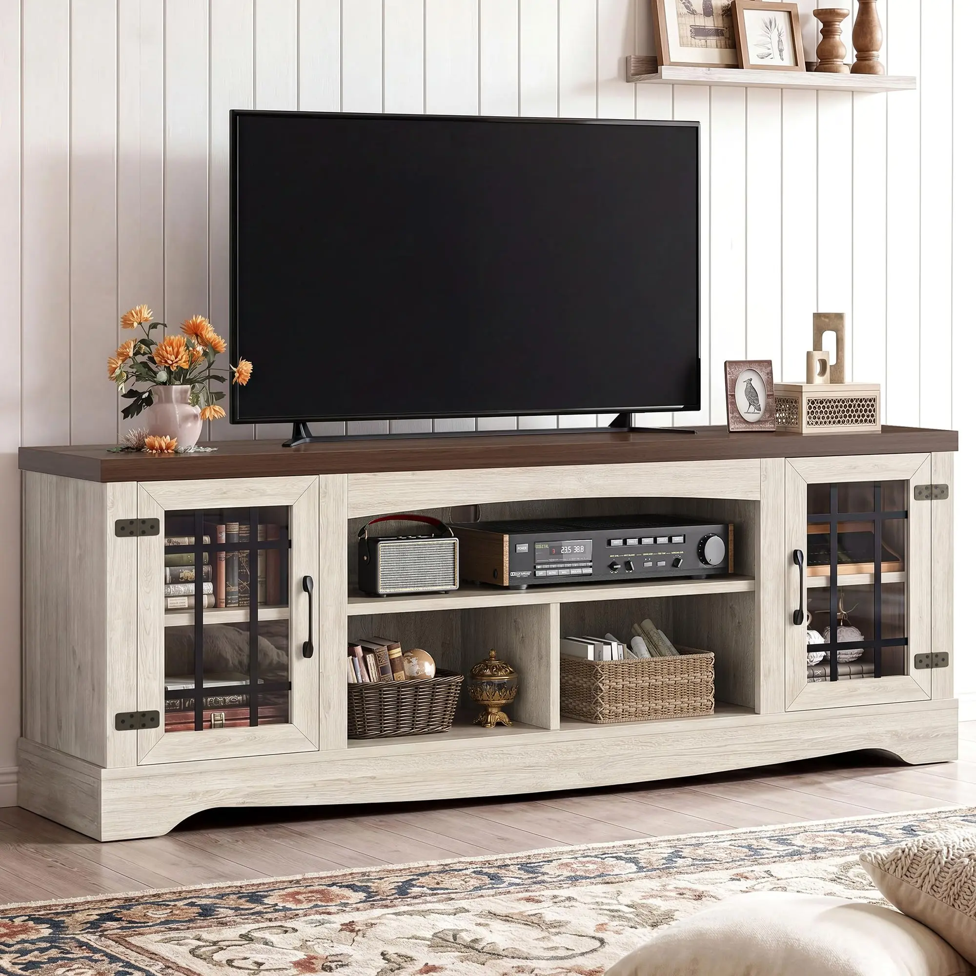 

Farmhouse TV Stand For 75 Inch TV Rustic Entertainment Center With Storage Cabinets Open Shelves Grid Glass Doors Media Console