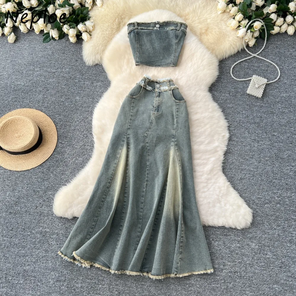 

Neploe Sexy American Spice Girls Strapless Set Vest High Waist Mermaid Bodycon Skirt Denim Ball Gown Elegant Suit Mujer Faldas
