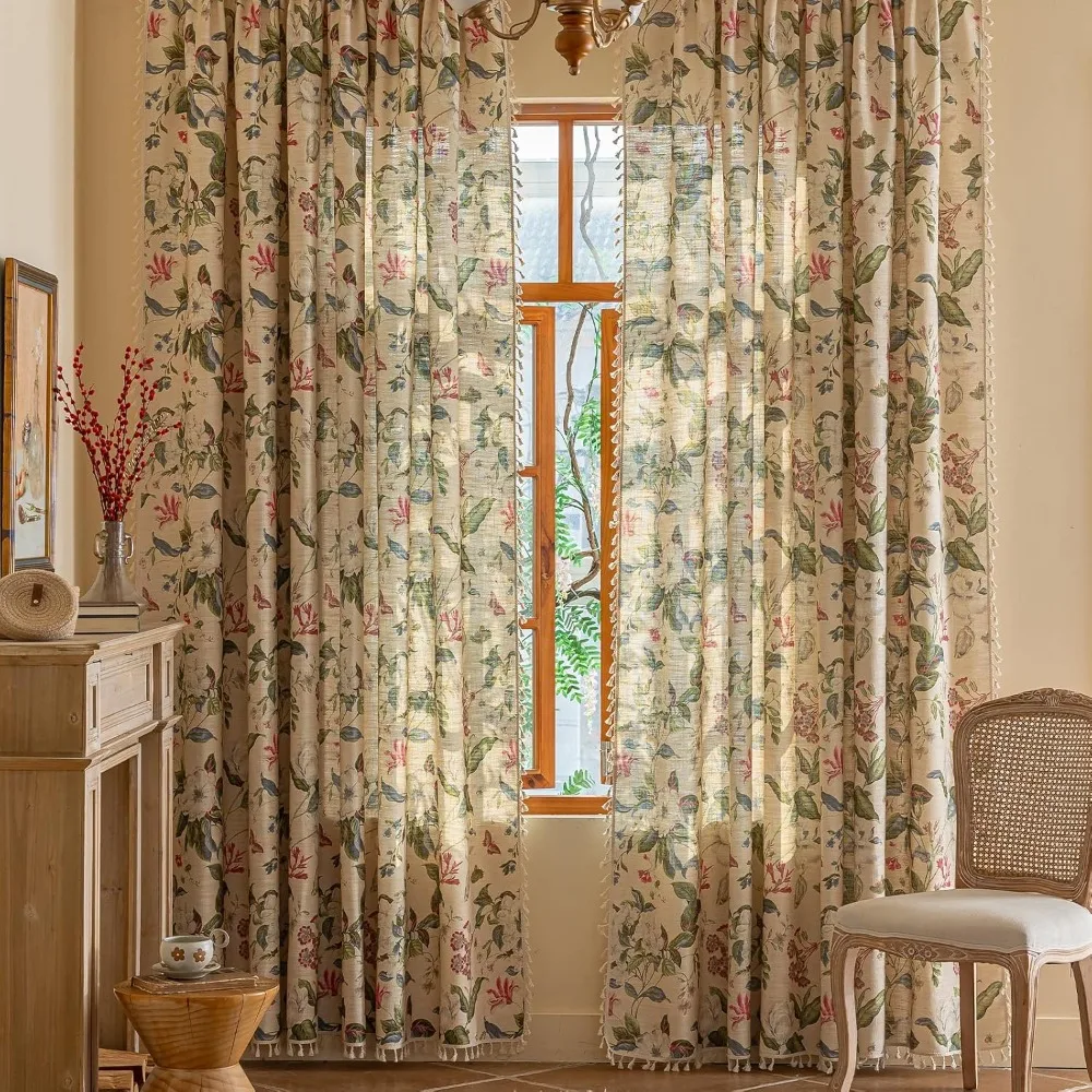 

Floral Curtains 96 Inches Long Living Room Boho Drapes Bedroom 2 Panels Semi Sheer Vintage Window Curtain Panels Rod Pocket Tas