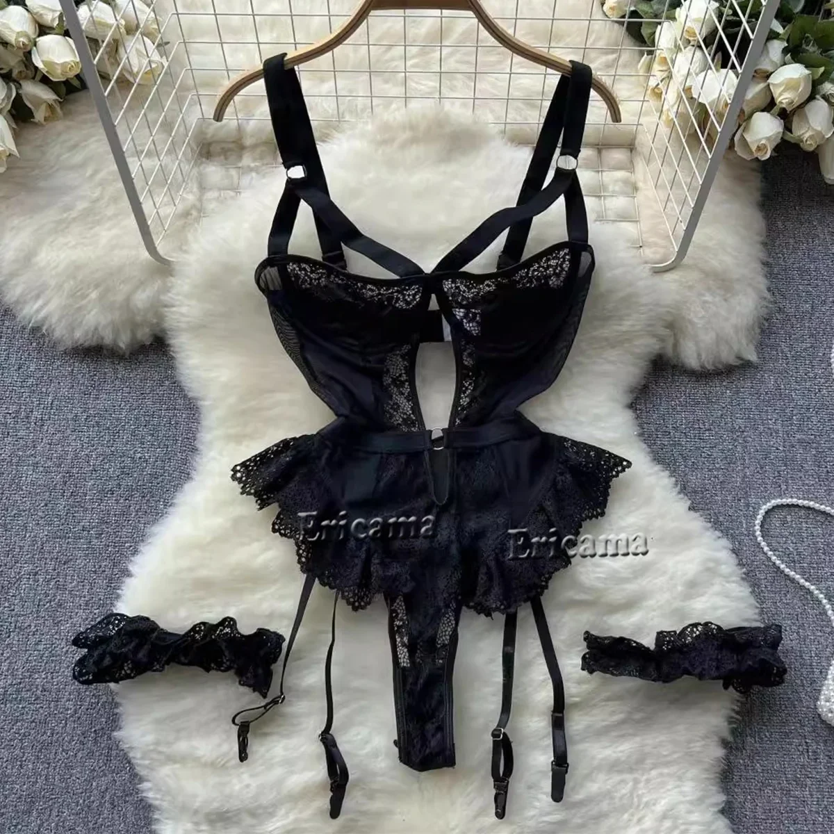 Erotic Lingerie Set Lace Bodysuit Women Transparent Sexy Lingerie See Through Black Tights Fitness Sissy Crotchless Erotic Body