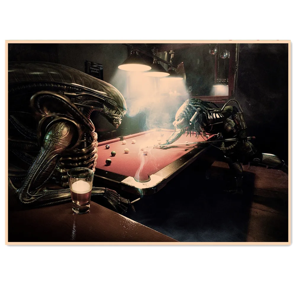 

Alien VS Predator Play Billiards Creative Wall Art Movie Poster and Prints Vintage Kraft Paper Painting Wall Stickers Home Decor