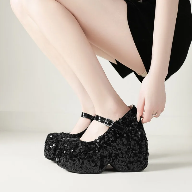 2026 Thick Soled High Heels Simple Shoes Shining Summer Sandals Versatile Accessories Suitable for Various Wearing Styles