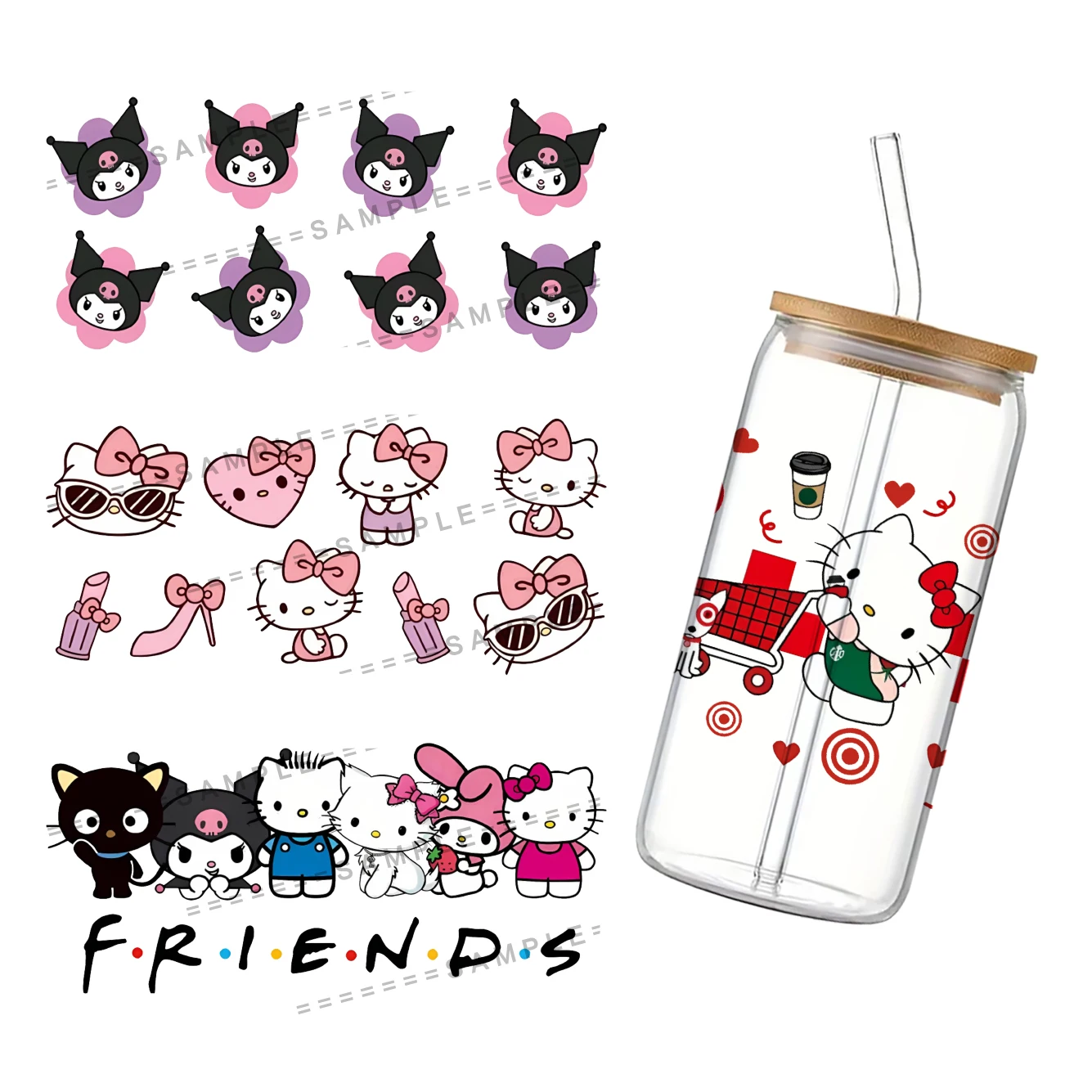 2024 New Sanrio Theme For Libbey 16oz Can Glass 3D Waterproof UV DTF Coffee Can Wrap Libbey Glass Wrap