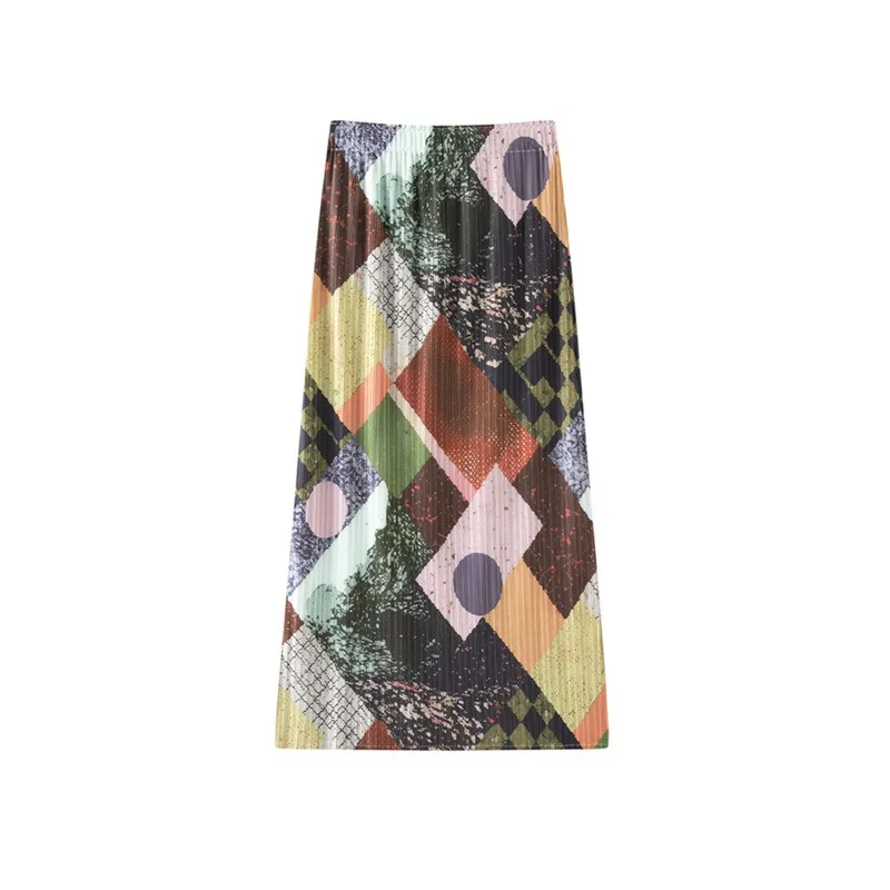 Miyake Pleated Original Retro Geometric Print Skirt Women Casual 2026 Summer New Fashion Versatile Slimming A-line Skirt Pleat