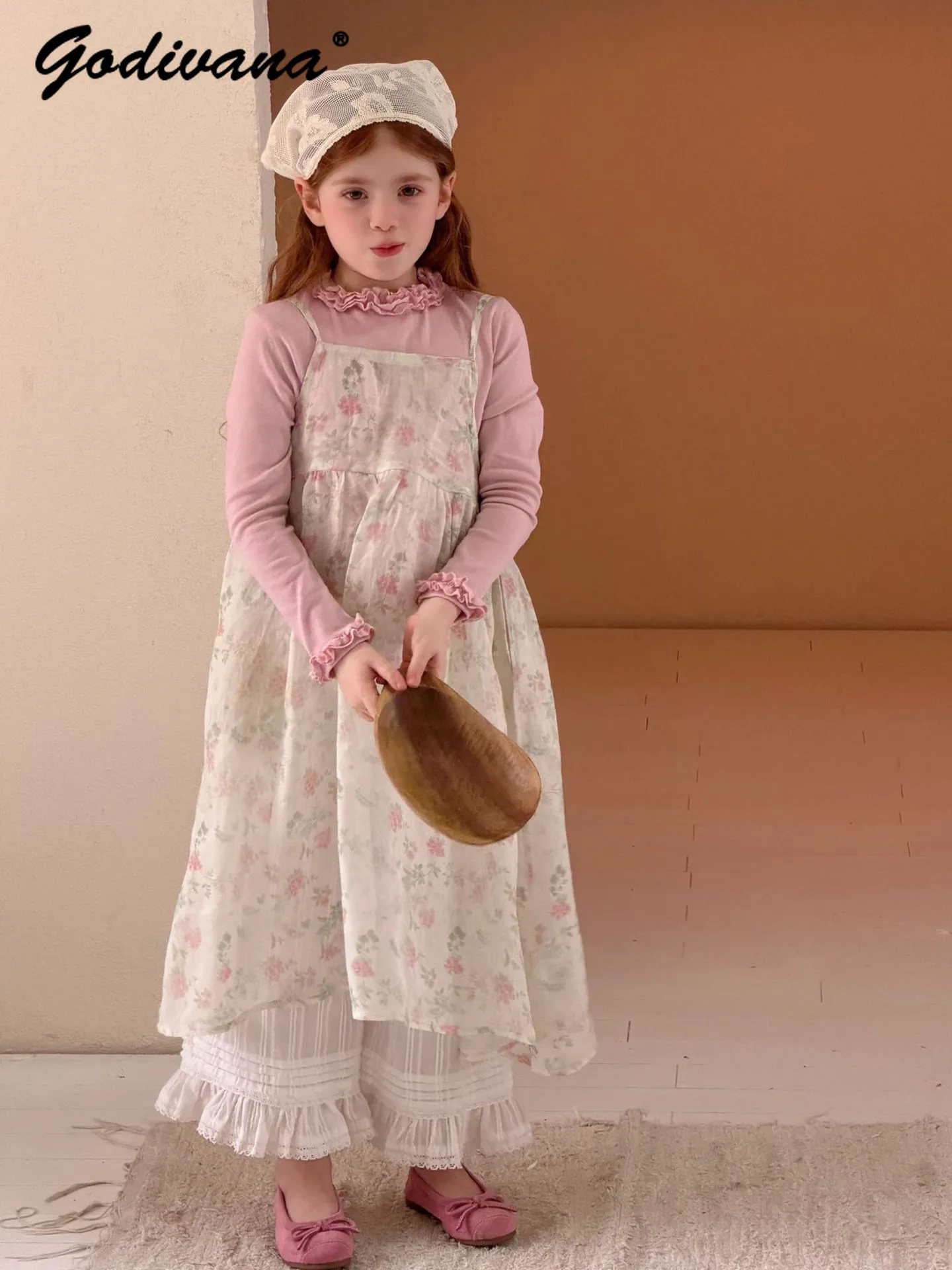 

Sweet Baby Girls 2026 New Spring and Summer Slip Dress 3pcs Sets Childrens Floral Mesh Long Dress Pink Ruffle Trim Basic Shirt