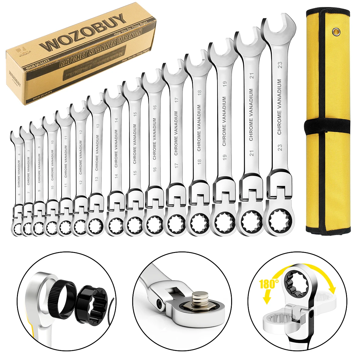 WOZOBUY Ratchet Metric Wrench Set, Movable Head Socket Wrench  Gear Ring Torque Key Wrench Set Car Repair Tool