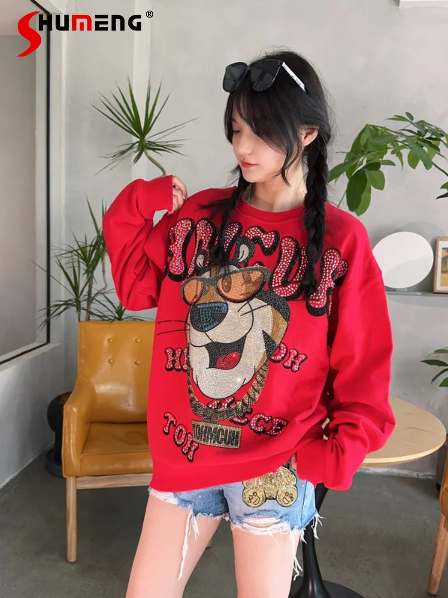 

Women's Clothes 2023 Autumn New Sweatershirts Fashion Pullover Round-Neck Hot Drilling Cartoon Loose Long Sleeve Sweatershirts