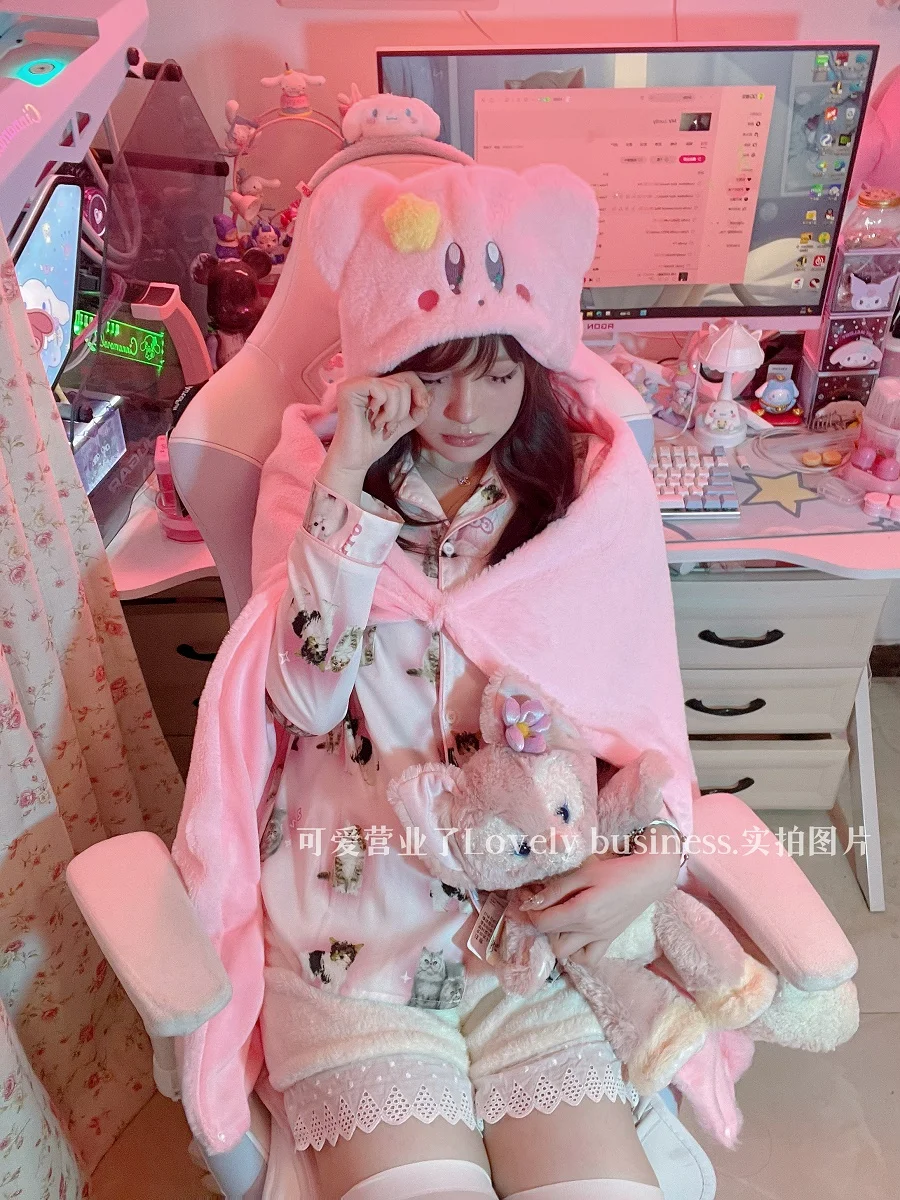 Miniso Star Kirby Hooded Cape Blanket Cute Plush Cape Shawl Winter Warm Hat Scarf Gloves U-shaped Hooded Pillow Girl Gift