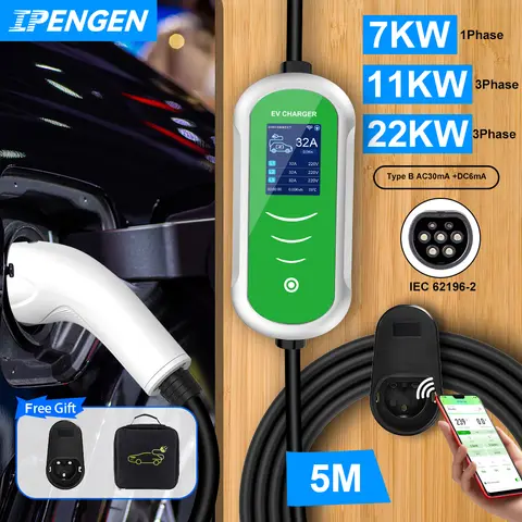 IPENGEN 22KW 32A 3상 Type2 휴대용 EV 충전기 Wi-Fi APP 제어 EVSE 충전 박스 전기 자동차 충전기 용 충전 스테이션