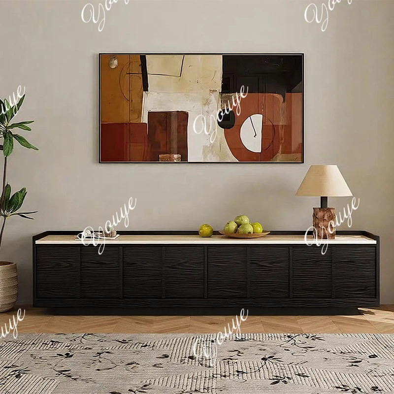 Medieval style solid wood floor-to-ceiling TV cabinet natural travertinestone wabi-sabi style living room storage cabinet househ