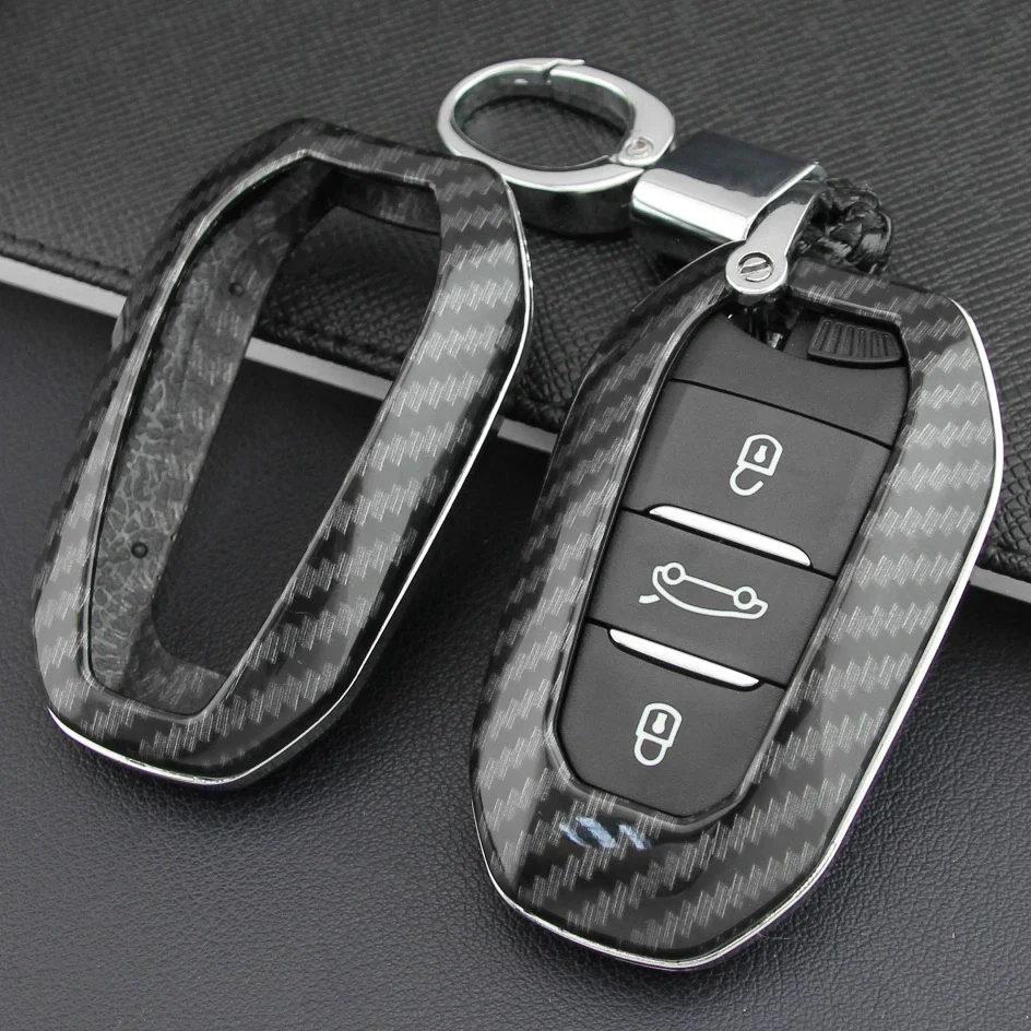 Carbon Fiber Smart Key Fob Cover Case Chain Ring For Peugeot 308 508 2008 3008 5008 Citroen C3 C5 Aircross DS 9 3 7 Crossback