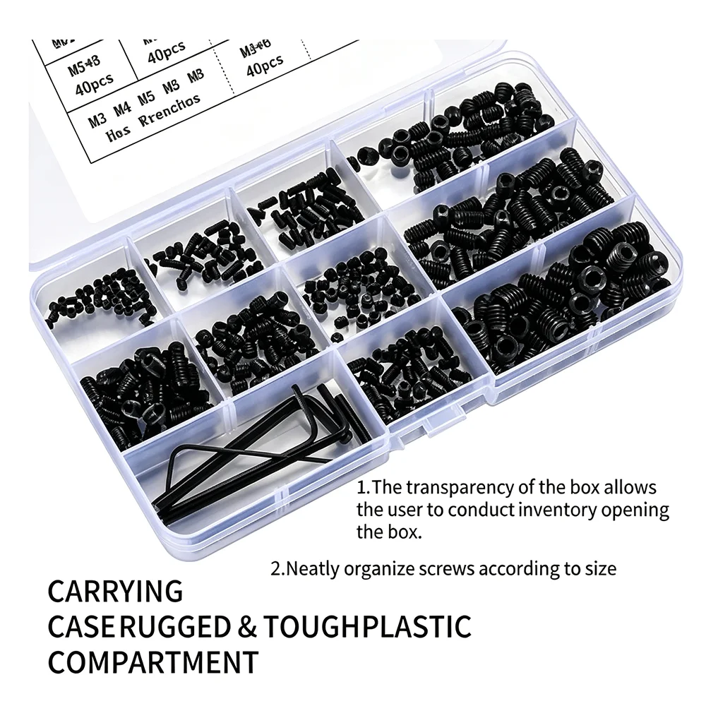 300pcs G12.9 Black Hex Hexagon Socket M2 M2.5 M3 M4 M5 M6 M8 DIN913   Allen Flat Point Grub Bolt Set Screw Kit Box