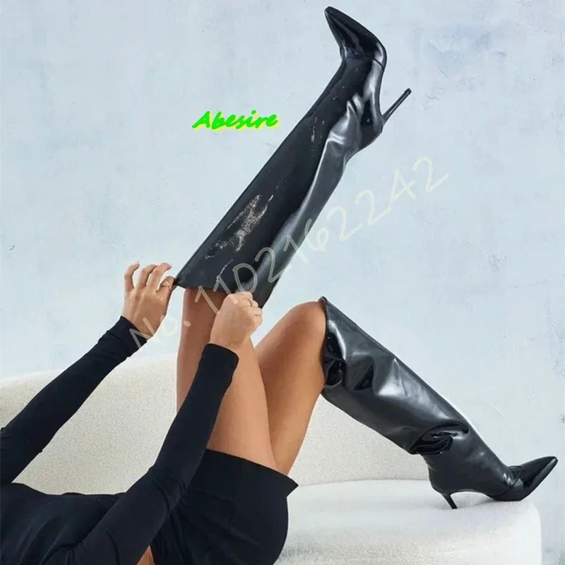 

Autumn New Black Knee-High Boots Pointed Toe Stiletto Stitching T-Stage Show Fashion Boots Women'S Elegant Trend Runway Boots 46