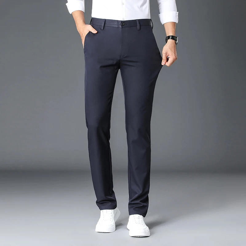 Men's Spring Autumn Solid Button Zipper Pockets Casual Slim Suit Trousers Fashion Vintage Formal Office Lady England Style Pants