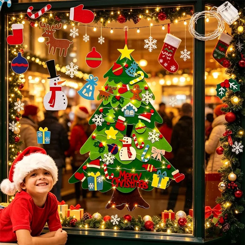 DIY Felt Christmas Tree with Detachable Ornaments, New Year Wall Hanging Decoration, Xmas Gift for Toddlers & Family Home Decor