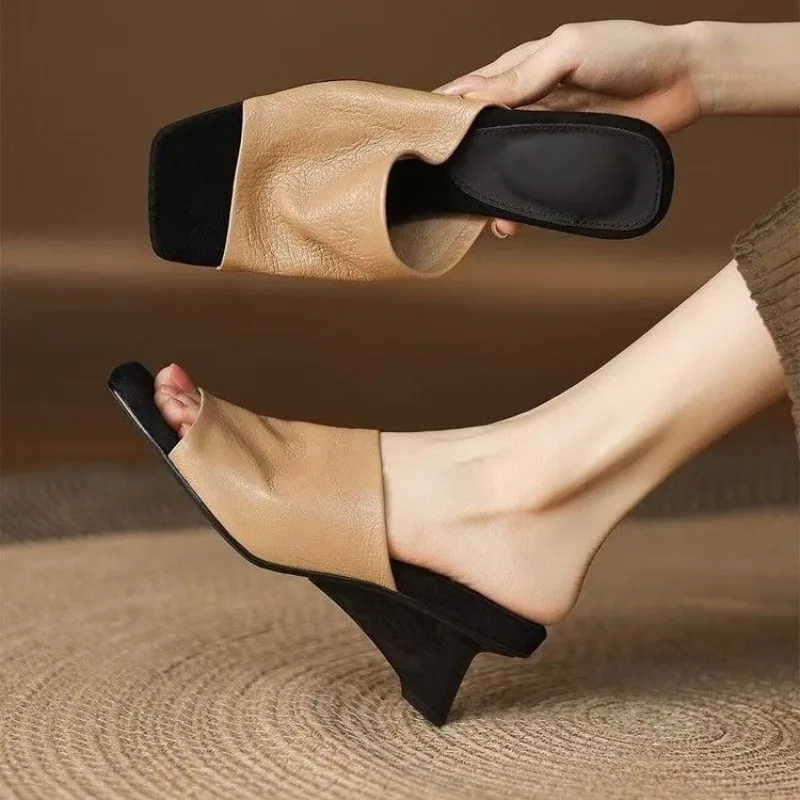 Soft Leather Sandals and Slippers for Women, New Summer Square Toe Open Toe Flip-flops with Skirt Special-shaped Wedge Heels