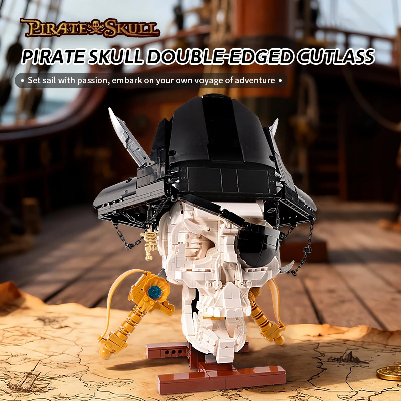 3D Gothic Pirate Skull Building Blocks for Adults Skeleton Head Moc Plastic Model with Display Base 1167Pieces Bricks Sets