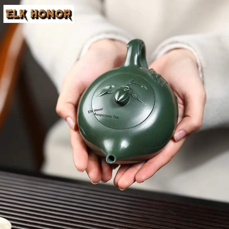270ml Retro Yixing Purple Clay Teapots Handmade Longevity Peach Pot Raw Ore Green Mud Kettle Chinese Zisha Tea Set Supplies Gift