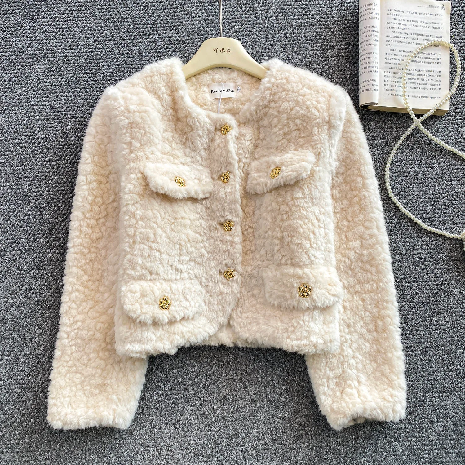 معطف Ele Thiened ناعم من المينك المخملي المستدير Ne Jaet للسيدات للخريف والشتاء فاخر فضفاض للتخسيس معطف بأزرار معدنية #2