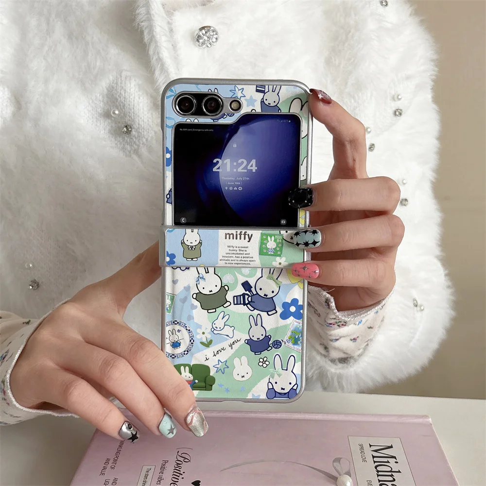 Cute Flower Miffy Rabbit Magnetic Phone Case for Samsung Galaxy Z Flip7 Flip6 Flip7 7FE 6 5 4 Flip5 Cover Leather Cartoon Funda