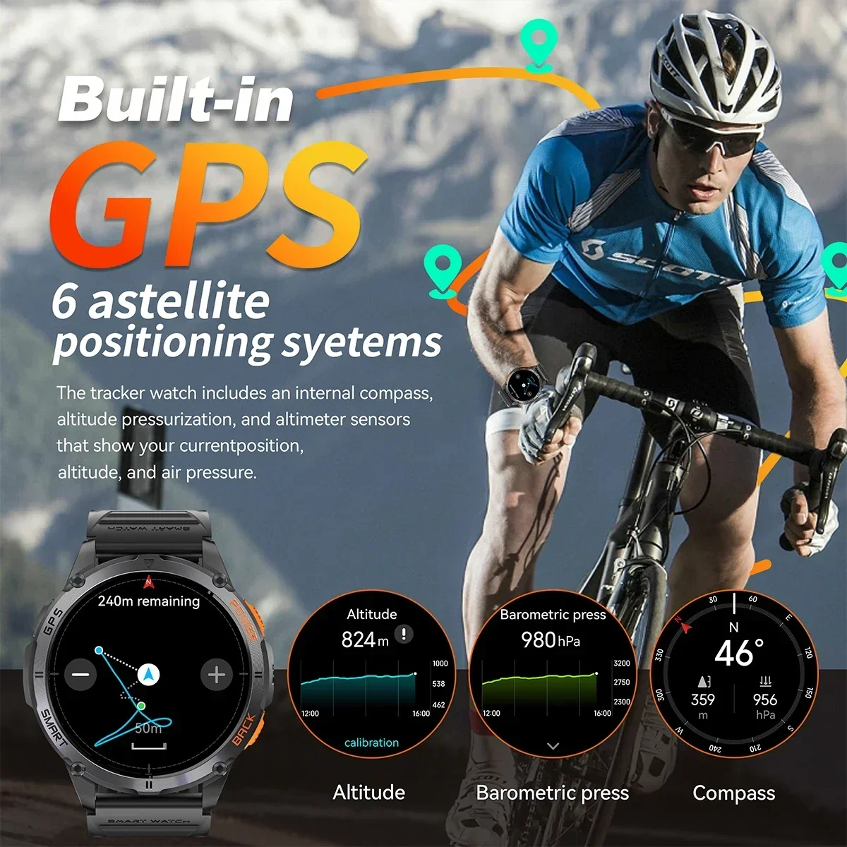 KPEP GPS-Smartwatch, 1,43 Zoll AMOLED-Bildschirm, integrierter GPS-Taschenlampe, Kompass, wasserdichte Outdoor-Sport-Smartwatch, Fitness-Tracker