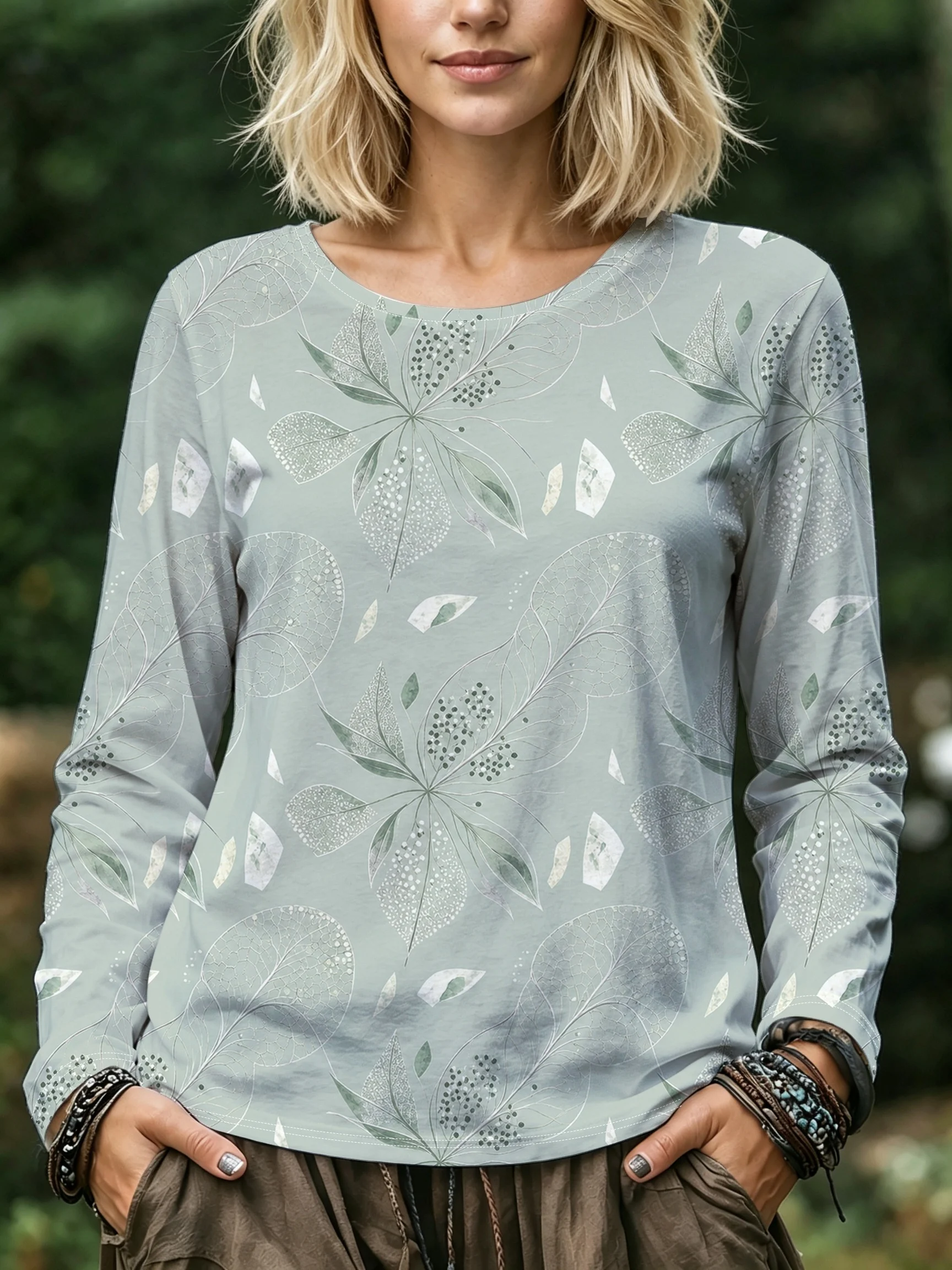 Women Blouse Cute Puppy Golden Rose Print Round Neck Long Sleeve Pocket Casual Loose Tops Women's Clothes