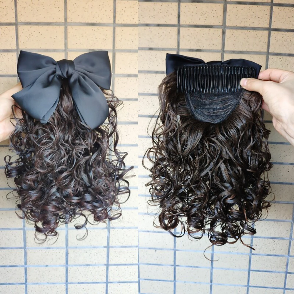 14 Inch Vintage Bow Comb Clip Curly Ponytail Synthetic Hair Heat Resistant Fashion Hair Accessories for Women Daily Party