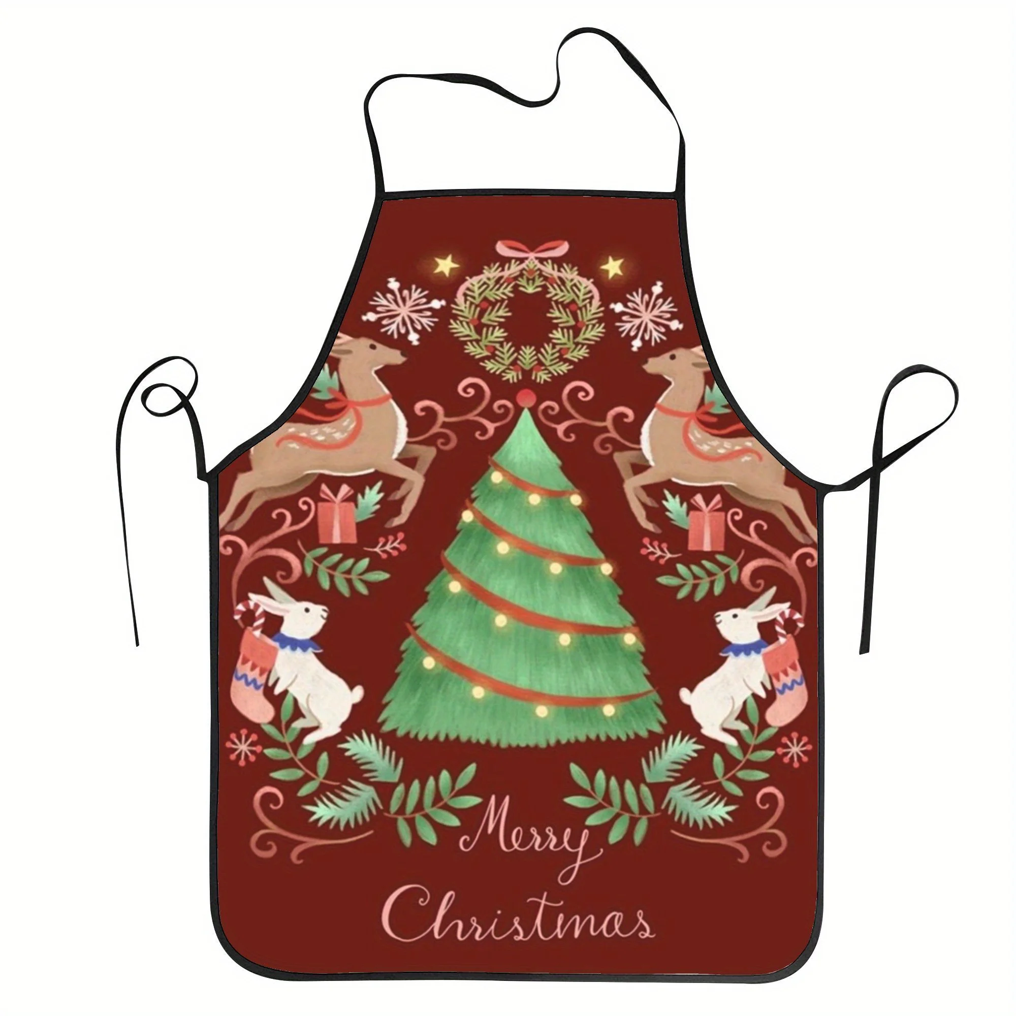 1pc Extra Long Christmas Apron - Burgundy with Green Garland, Golden Snowflakes, Reindeer Merry Christmas Text
