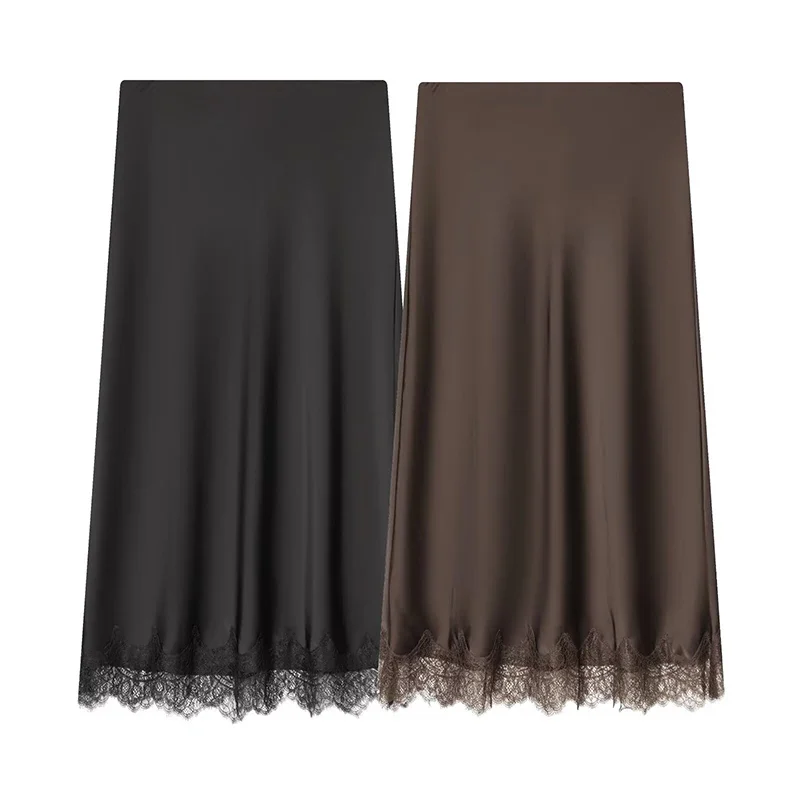 

New Women's Sexy Solid Color Skirts Fashion Lace Decoration Satin Midi Skirt Vintage Women High Waist Long Skirts