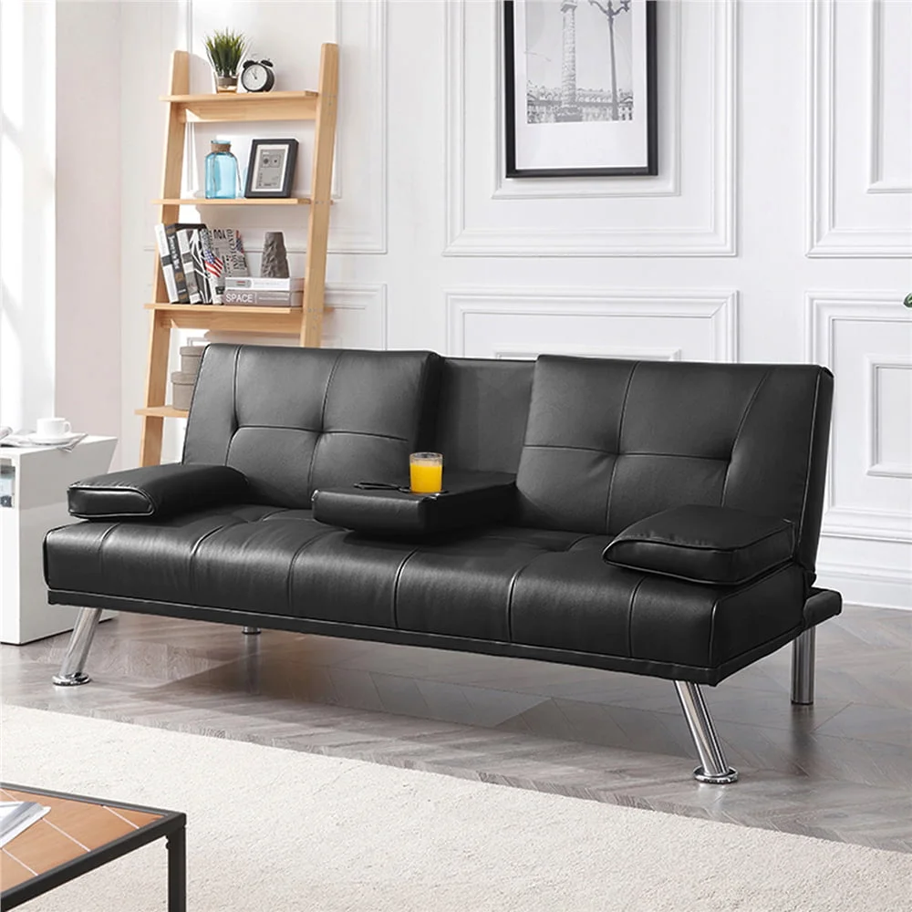 2023 New LuxuryGoods Modern Faux Leather Futon with Cupholders and Pillows