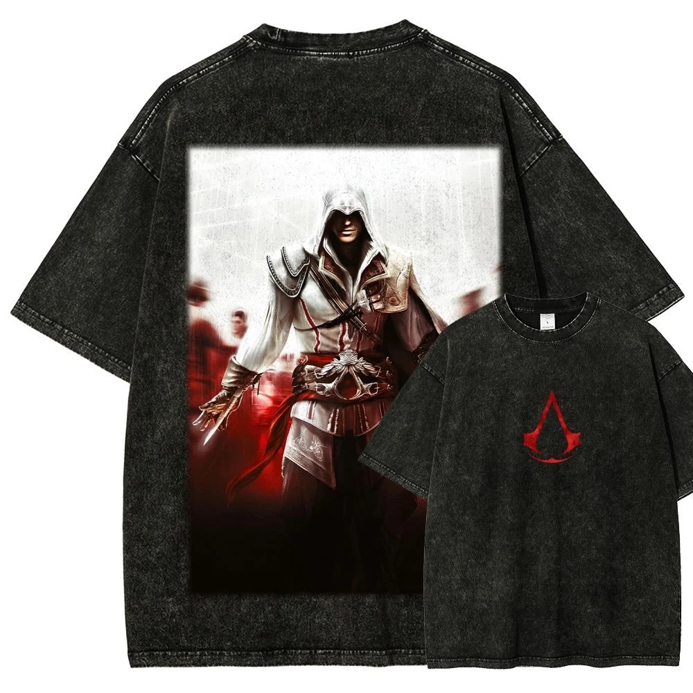 2026 Assassin's Creed Sergio Red and White Assassin Emblem Double-sided Washed Made Old Short Sleeve T-shirt Loose Cotton