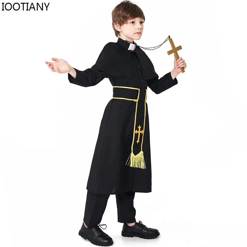 IOOTIANY 소년을위한 할로윈 의상 어린이 종교 목사 아버지 사제 의상 판타지아 코스프레 의류