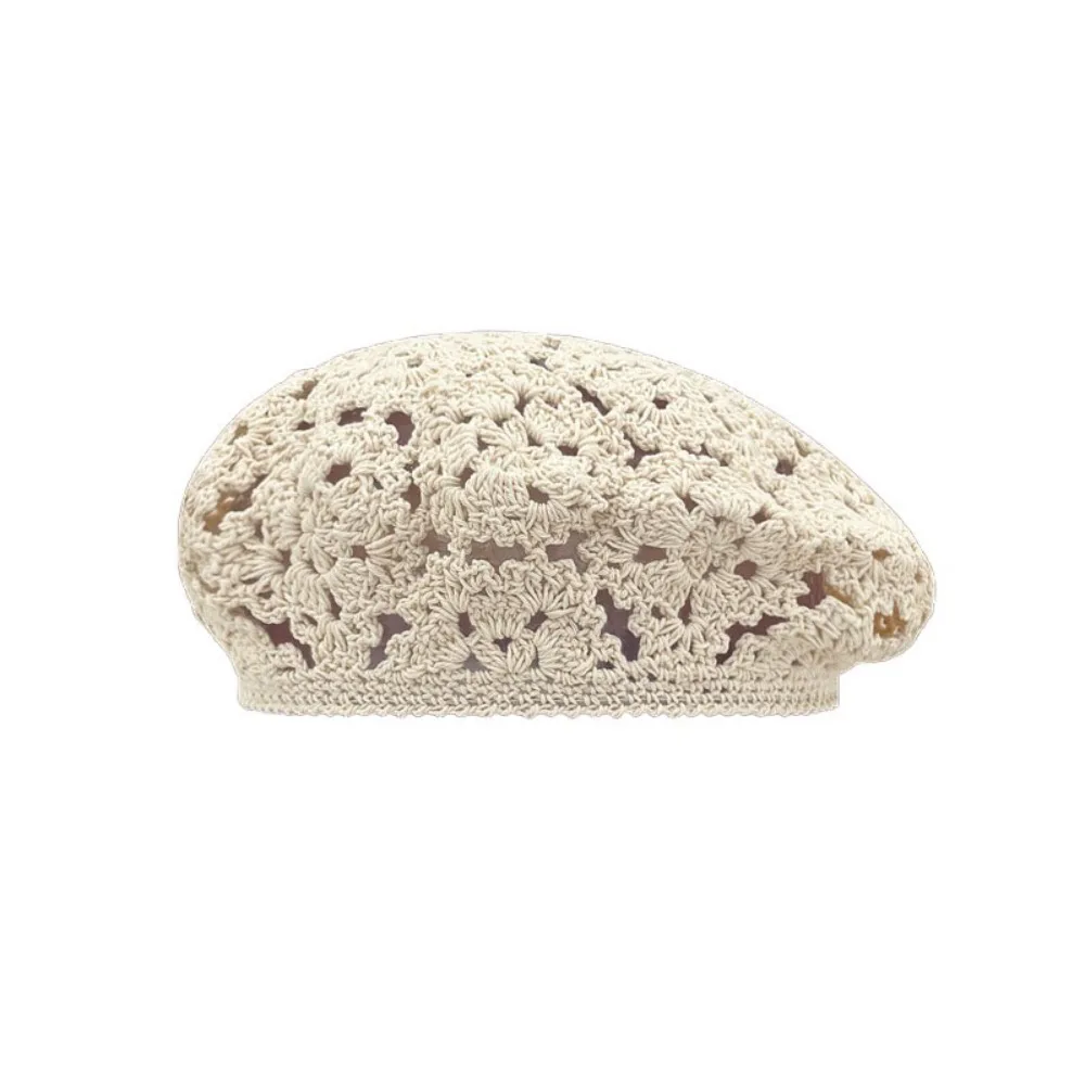 Elegant Breathable Flower Hat Japanese Style Big Head Circumference Hollowed Out Beret All-match Thin Crochet Knitted Cap Gift