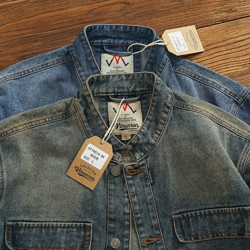 

European American Casual Vintage Washed Denim Jackets Autumn Men's Retro Motorcycle Stand Up Collar Workwear Tops Short Coats