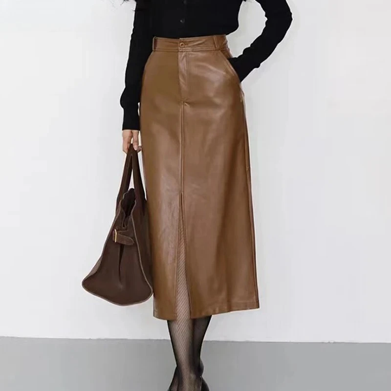Spring Real Leather Long Skirt for Women A-Line Front Split Back Waist Elastic French Female Burdundy Slim Pencil Faldas