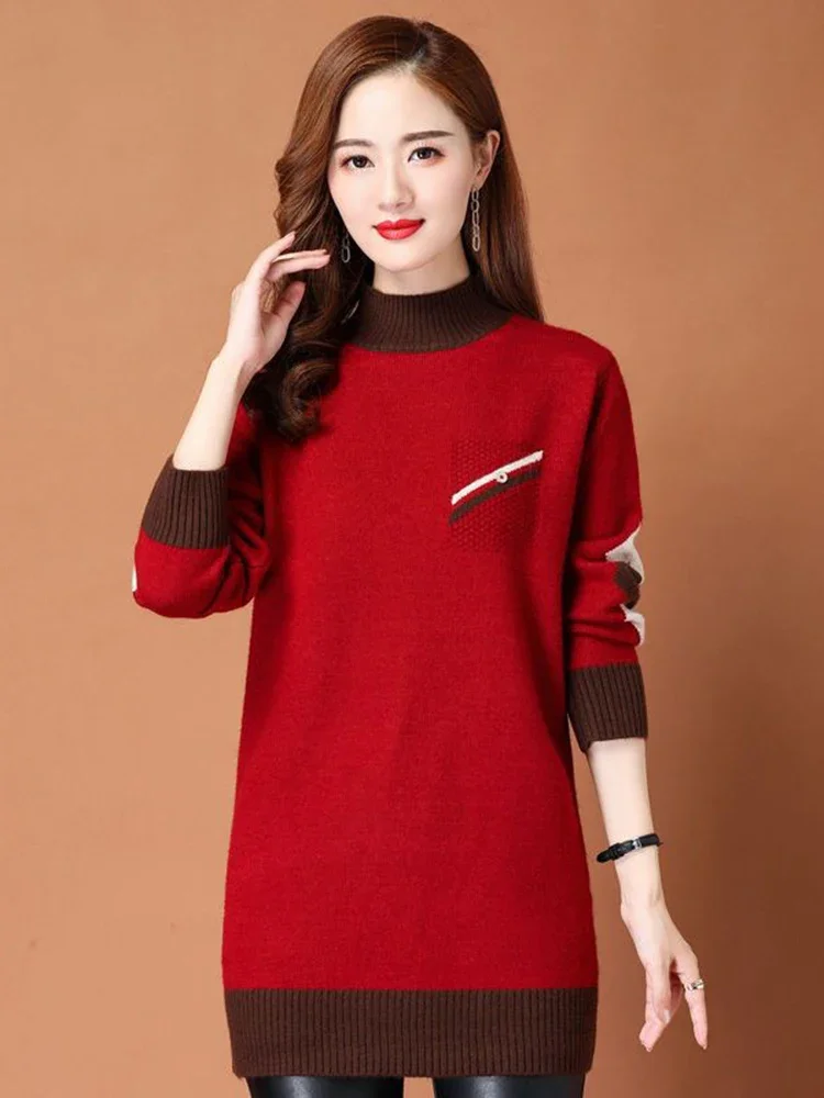 

Новый элегантный женский свитер средней длины для осени и зимы, повседневный мягкий вязаный пуловер с длинным рукавом, комбинированный джемпер